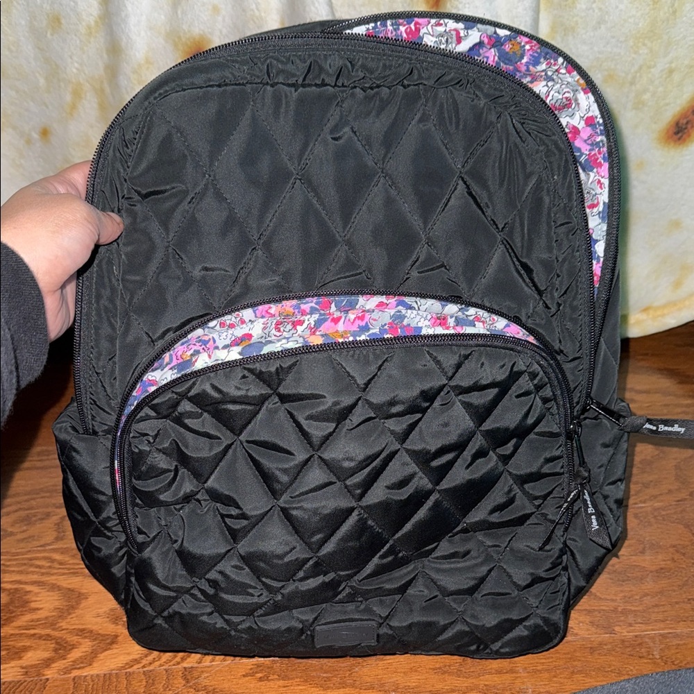 Vera Bradley Black Quilted Backpack with Floral Trim